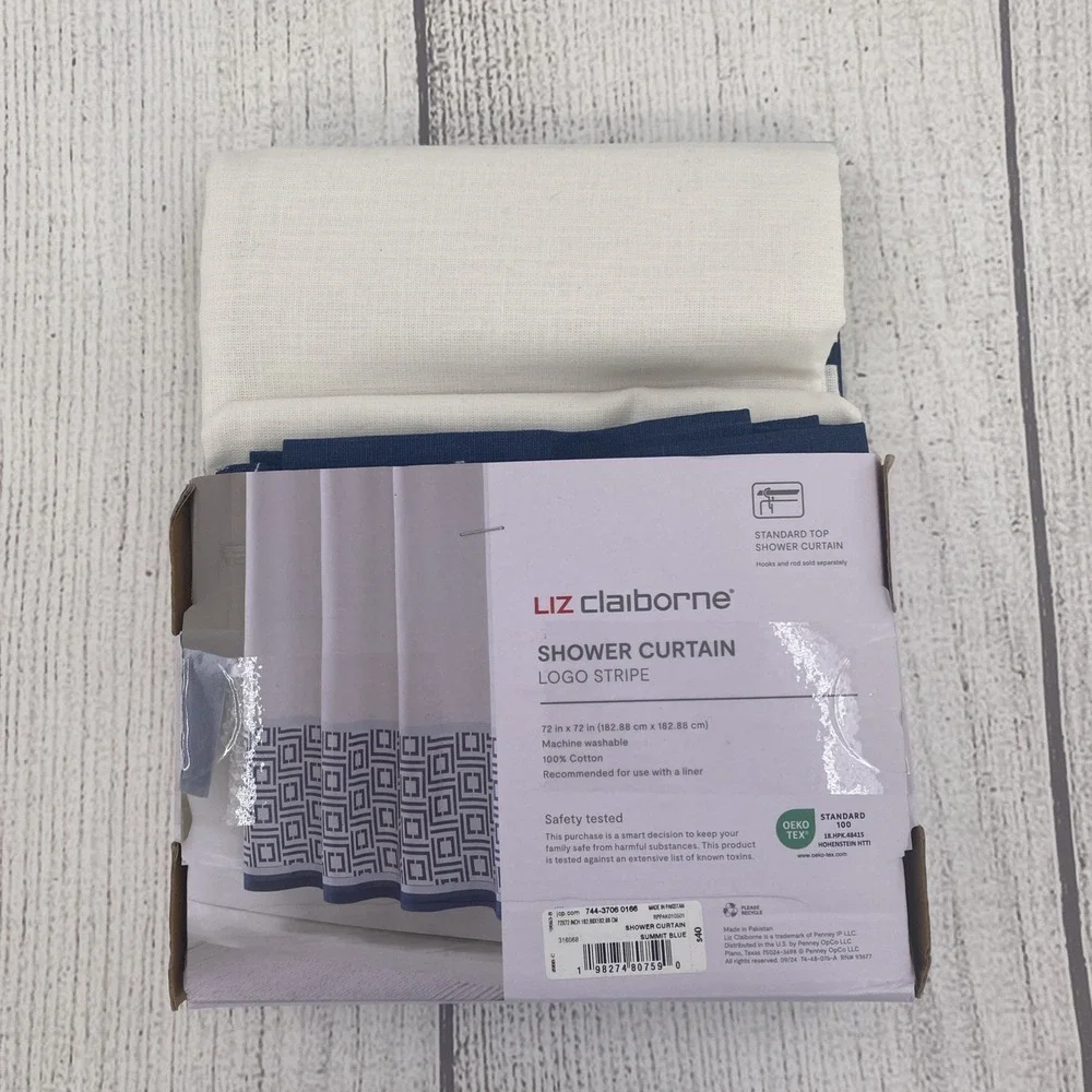 Liz Claiborne Shower Curtain White Navy Blue Logo Stripe Geometric 100% Cotton